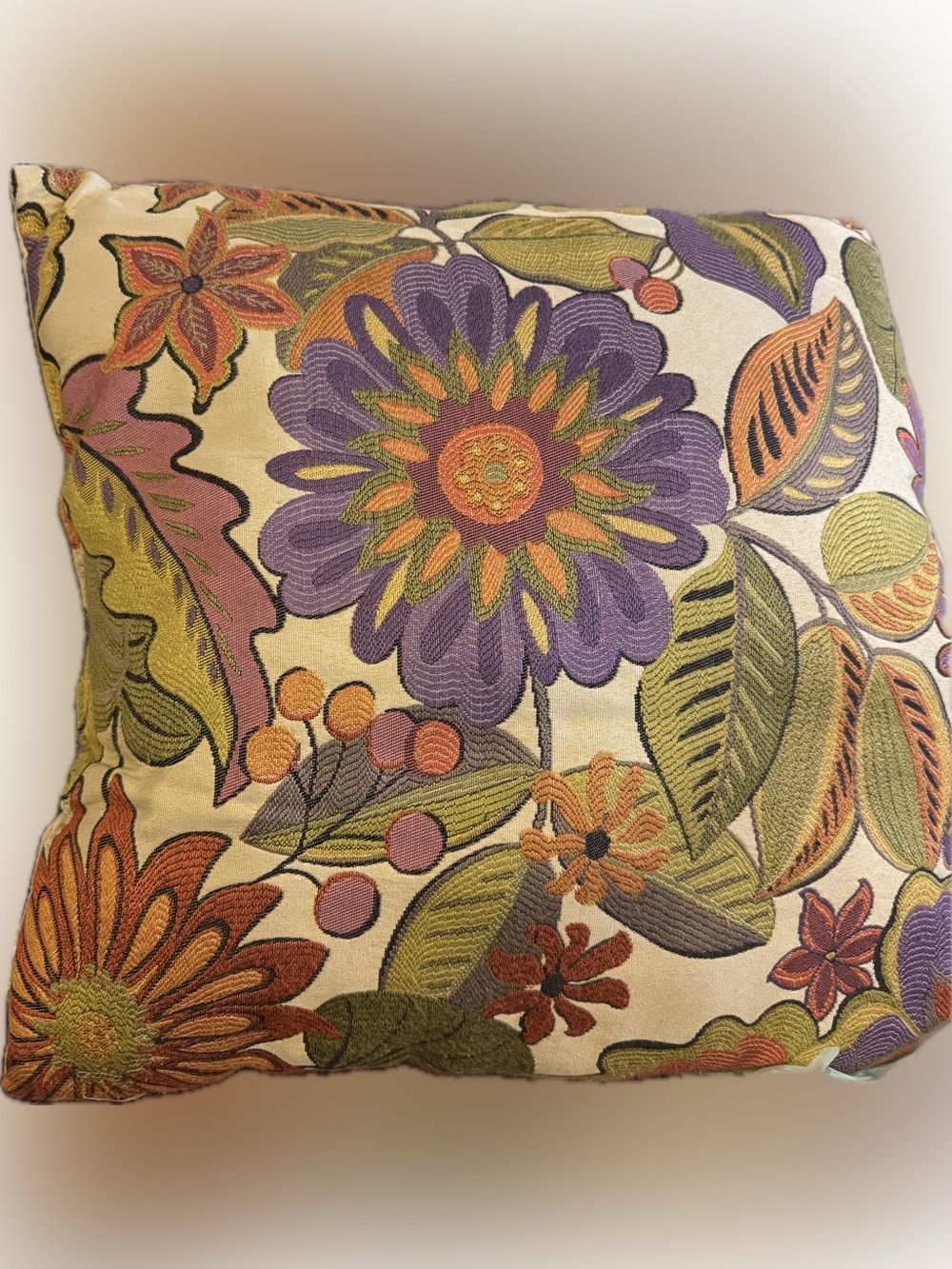 4 Floral Embroidered Throw Pillows in Purple and Green